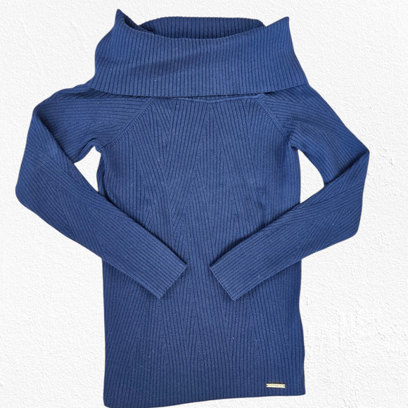 Michael Michael Kors Navy Blue Ribbed Off Shoulder Designer Sweater Size Large - Picture 2 of 8